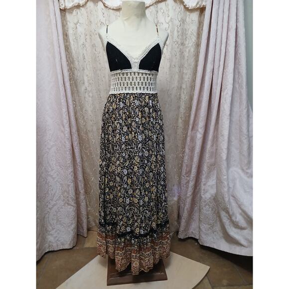 Forever 21 Crochet Floral Sundress L Black Babydoll Maxi Festival Hippie Gypsy - Picture 12 of 16